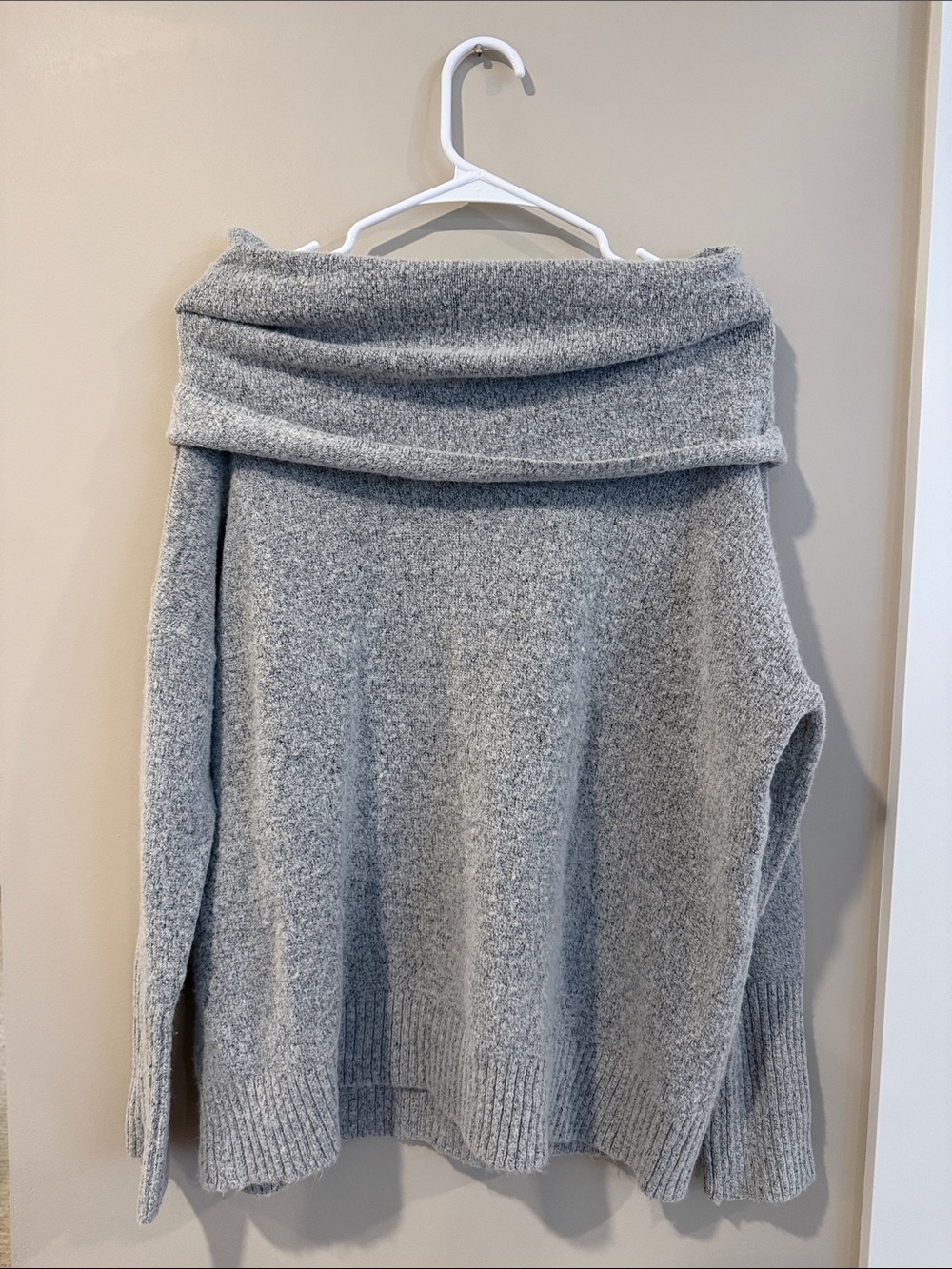 Joan Vass Light Gray Off-the-Shoulder Fold-Over Sweater